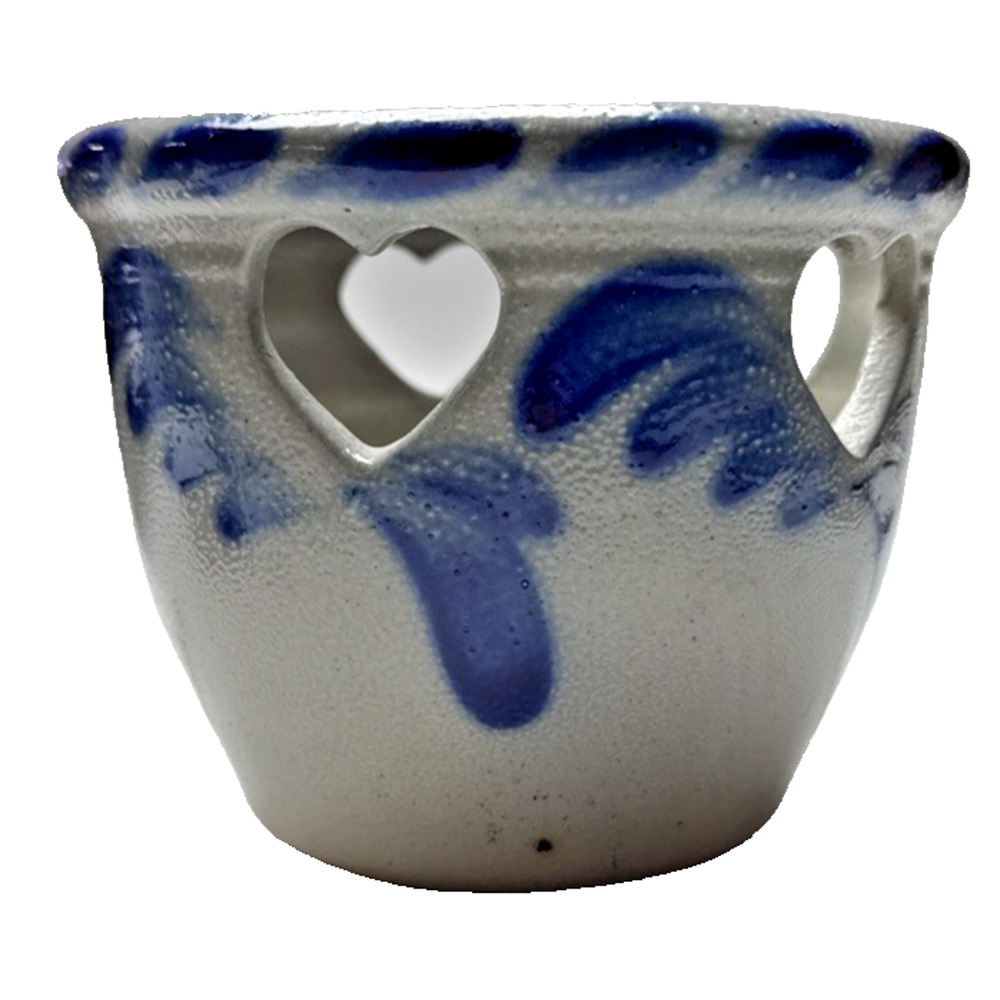 Vintage Eldreth Pottery Salt Glaze Reticulated Heart Crock Bowl Candle Holder